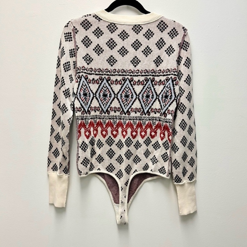 Free People Ivory Knit Fair Isle Bodysuit with Black and Burgundy sweater - Picture 3 of 3